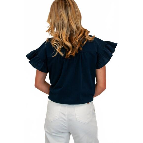 NEW VOY ribbon ruffle sleeve top in navy - Picture 3 of 3